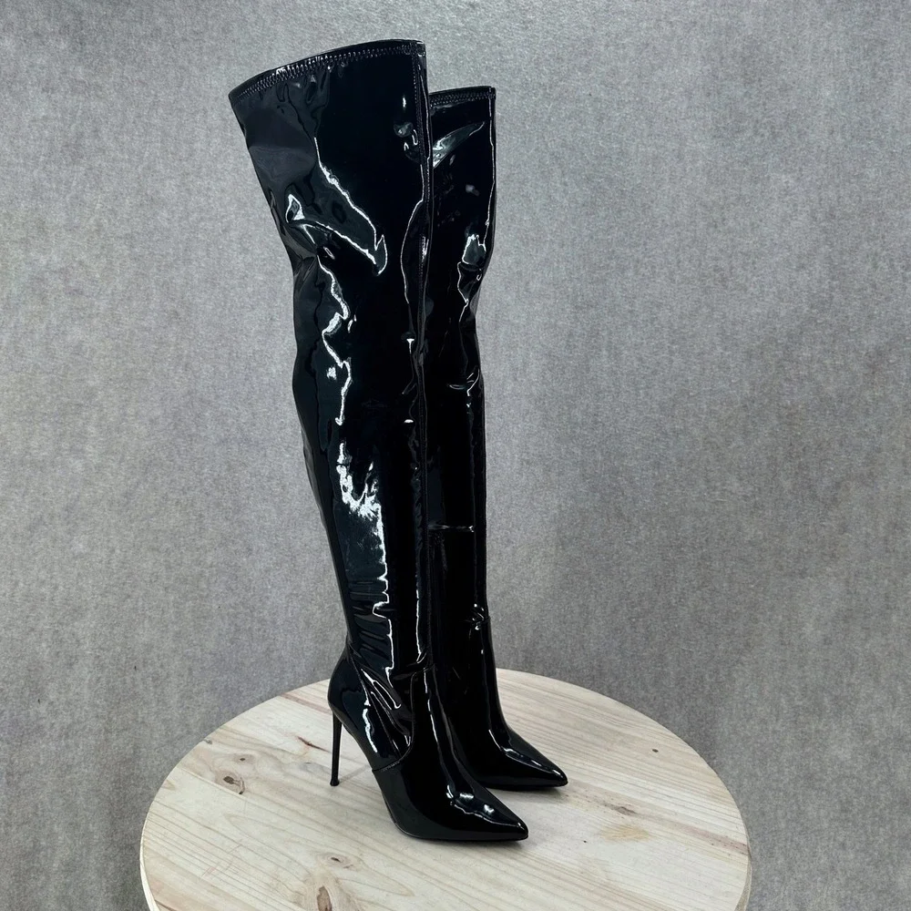 Steve Madden Viktory Patent Faux Leather Thigh High Stiletto Boots Toe Over Knee